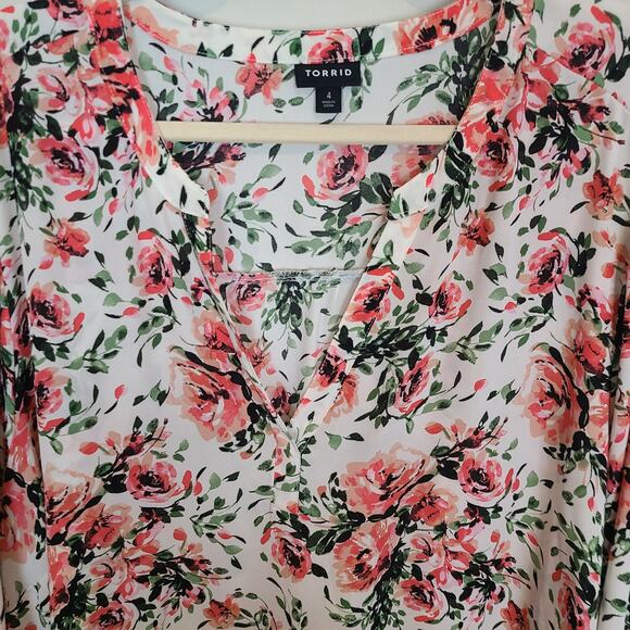 Torrid Top Hi Low Blouse Long Sleeve Blouse Womens 4X White Floral Top Georgette - Picture 2 of 10